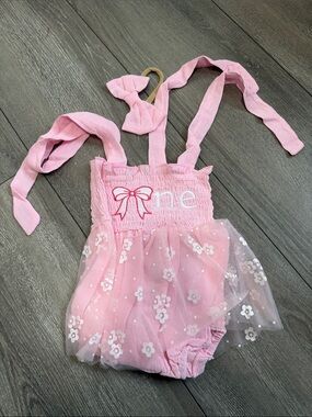 Pink Girls' Tulle One-Piece Romper - Bow Embroidery XS278